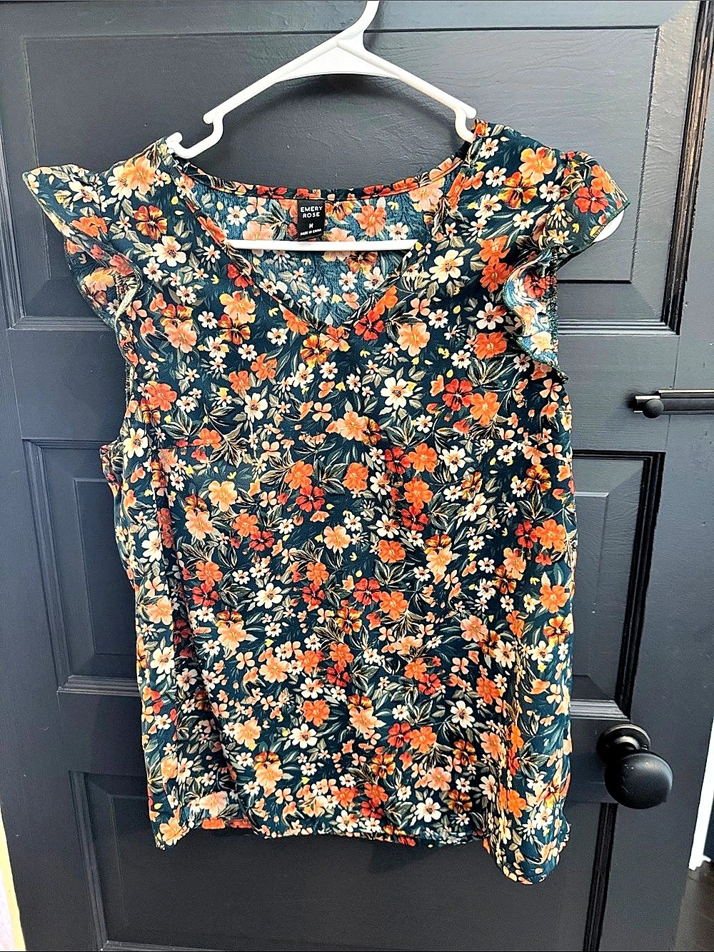 Emery Rose Floral Short Sleeve Top in Blue & Orange Size Medium